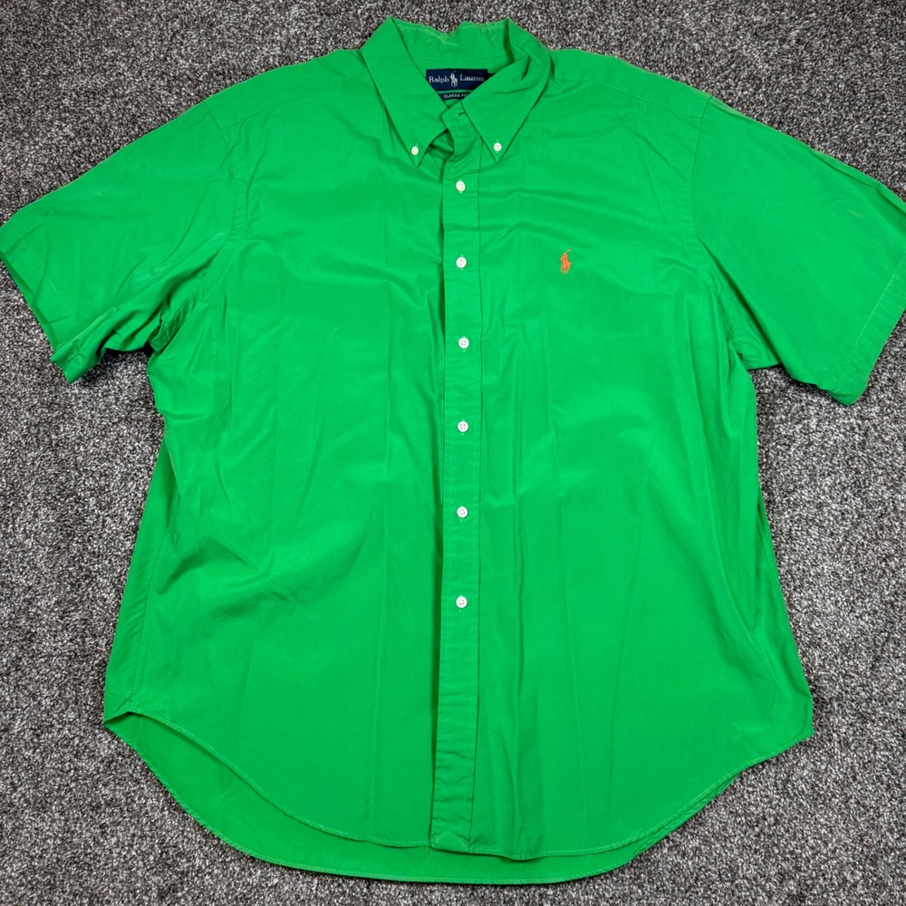 Ralph Lauren Mens XXL Classic Fit Green Short Sleeve Button Down Shirt Pony - Picture 2 of 8